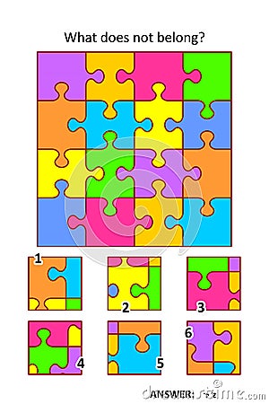 Visual puzzle with picture fragments. Abstract jigsaw puzzle design pattern. What does not belong? Vector Illustration